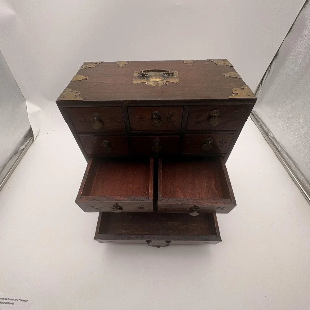 Vintage Chinese Apothecary Cabinet 11 Drawer Herb Chest Wood Brass Storage Box